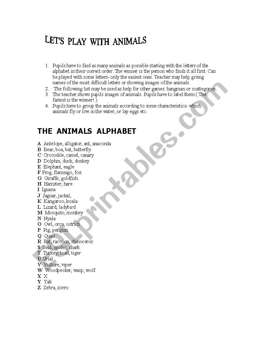Lets play with animals worksheet