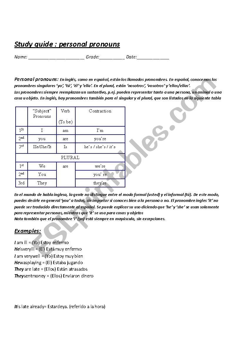 personal pronouns  worksheet