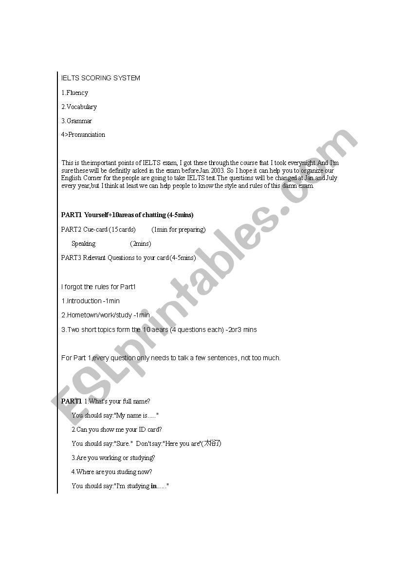 IELTS SCORING SYSTEM worksheet