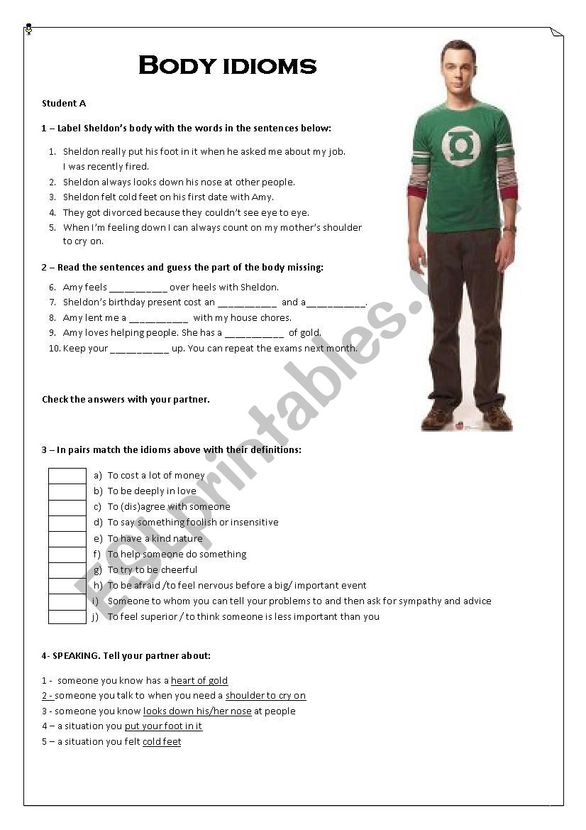 Body Idioms pairwork worksheet