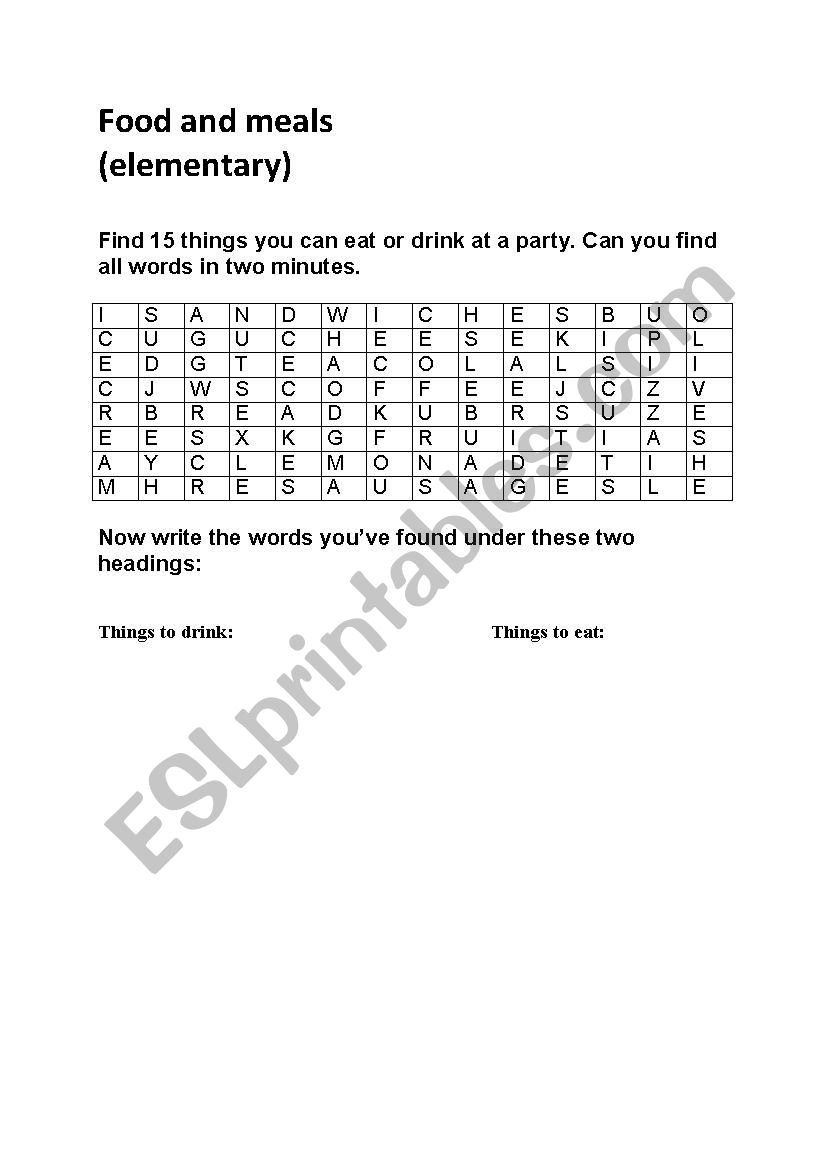 Food and meals worksheet