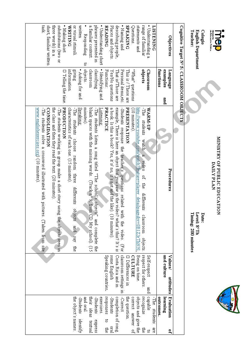 weekly plan about classroom objects 