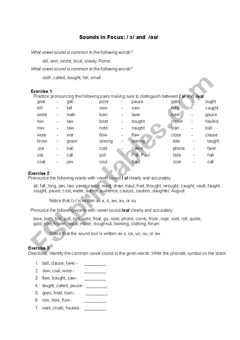 IPA: / ɔ/ and  /oʊ/ worksheet