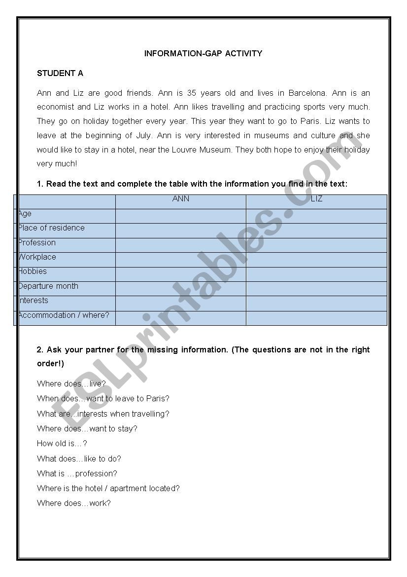 INFORMATION-GAP ACTIVITY worksheet