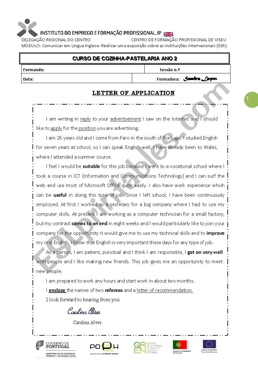 LETTER OF APPLICATION worksheet