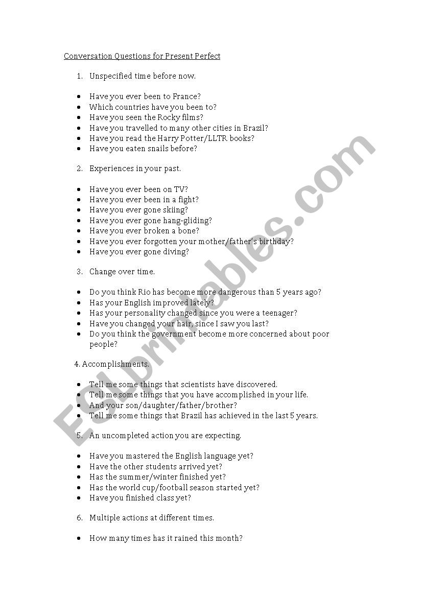 Present Perfect Conversation Questions