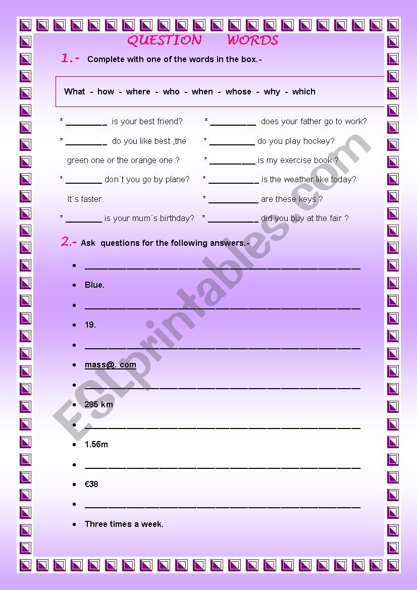  QUESTION   WORDS  2 worksheet