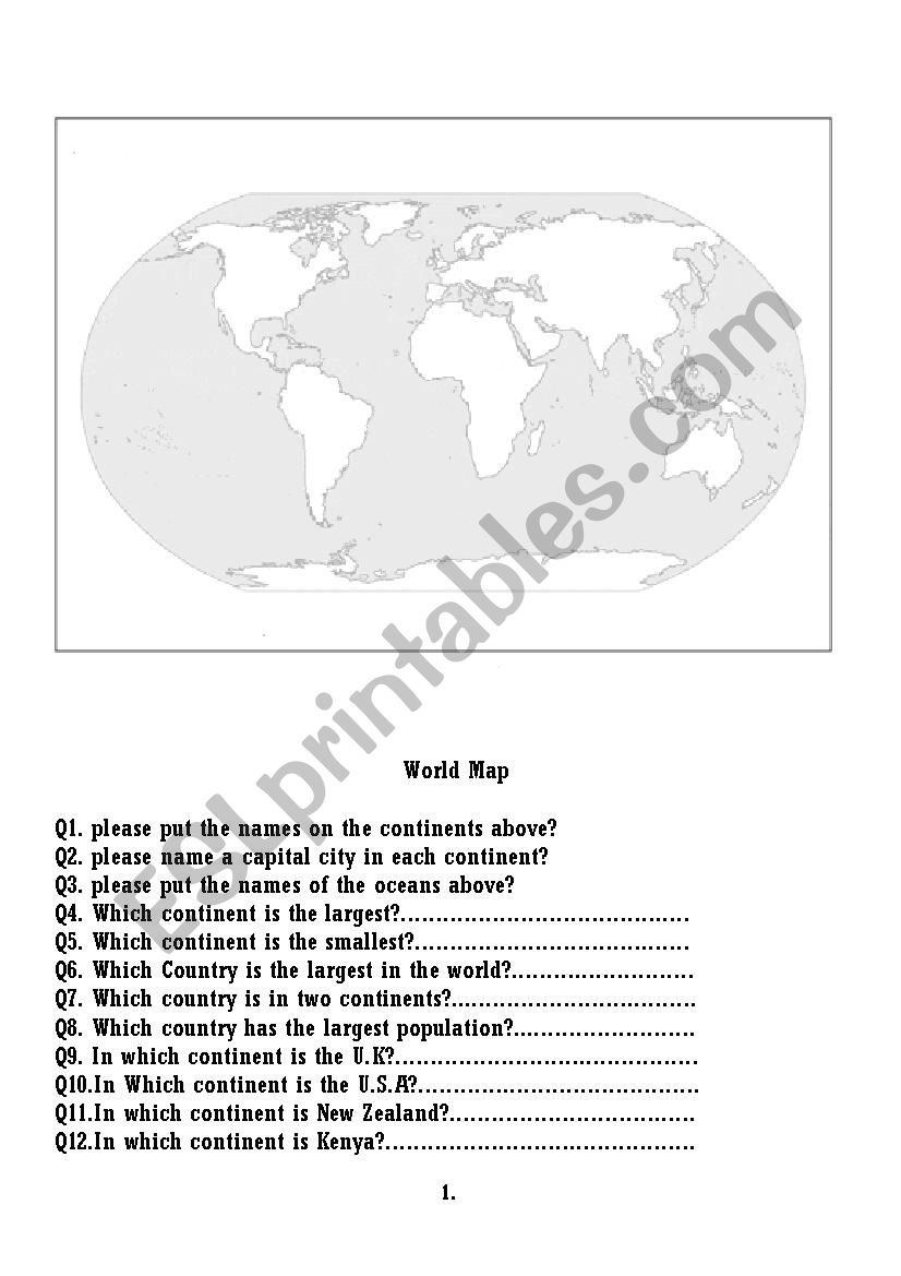 Continents and oceans worksheet