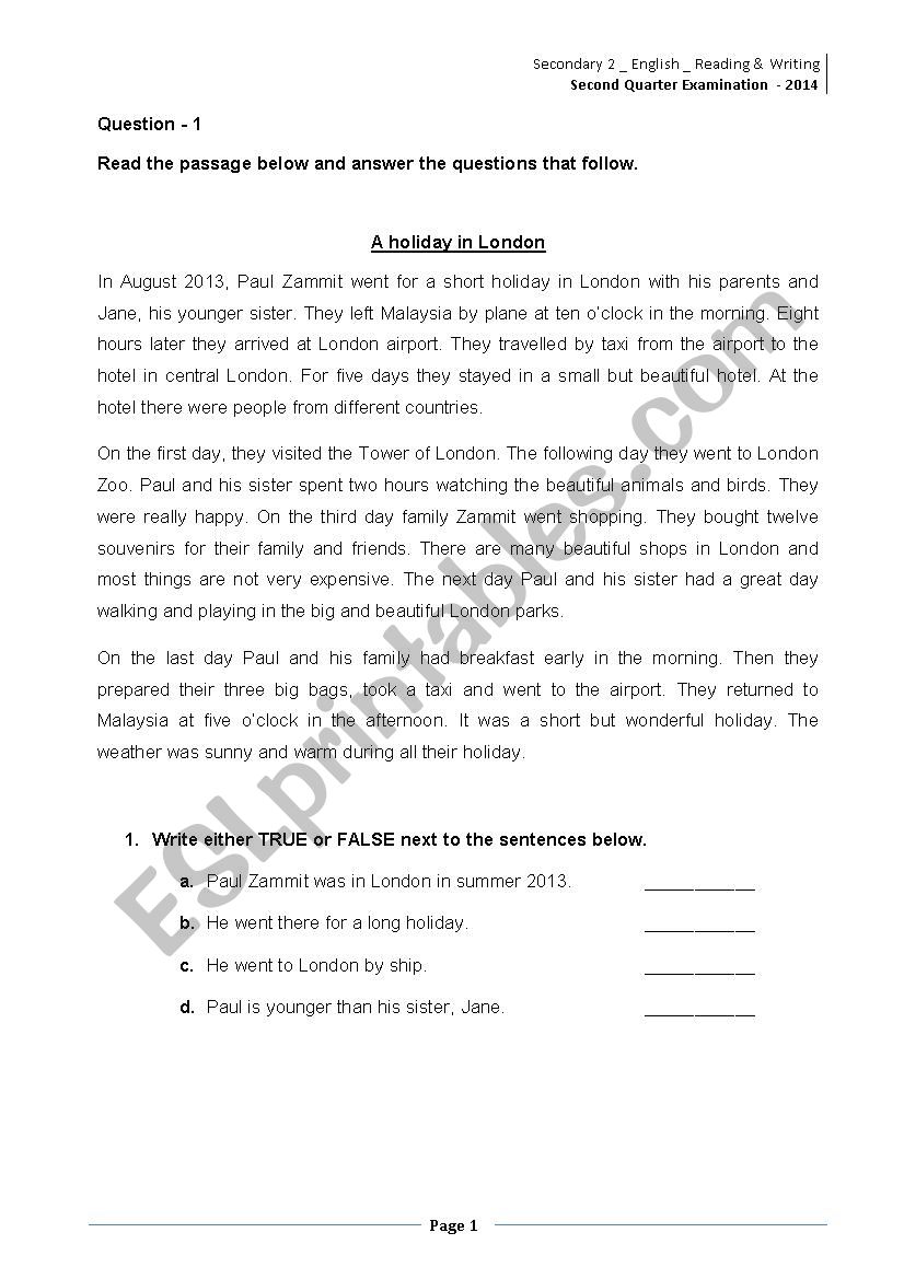 A Reading and Writing Test Paper