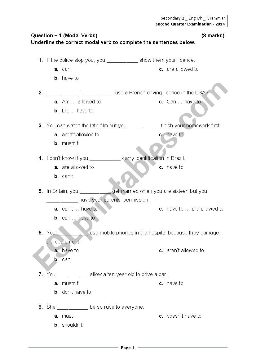 A Grammar Test Paper worksheet