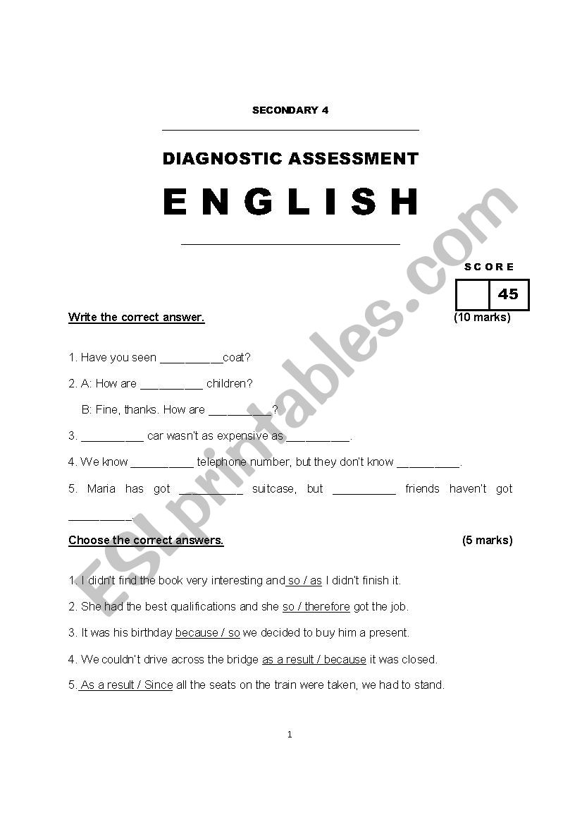Grade 10 Diagnostics  worksheet
