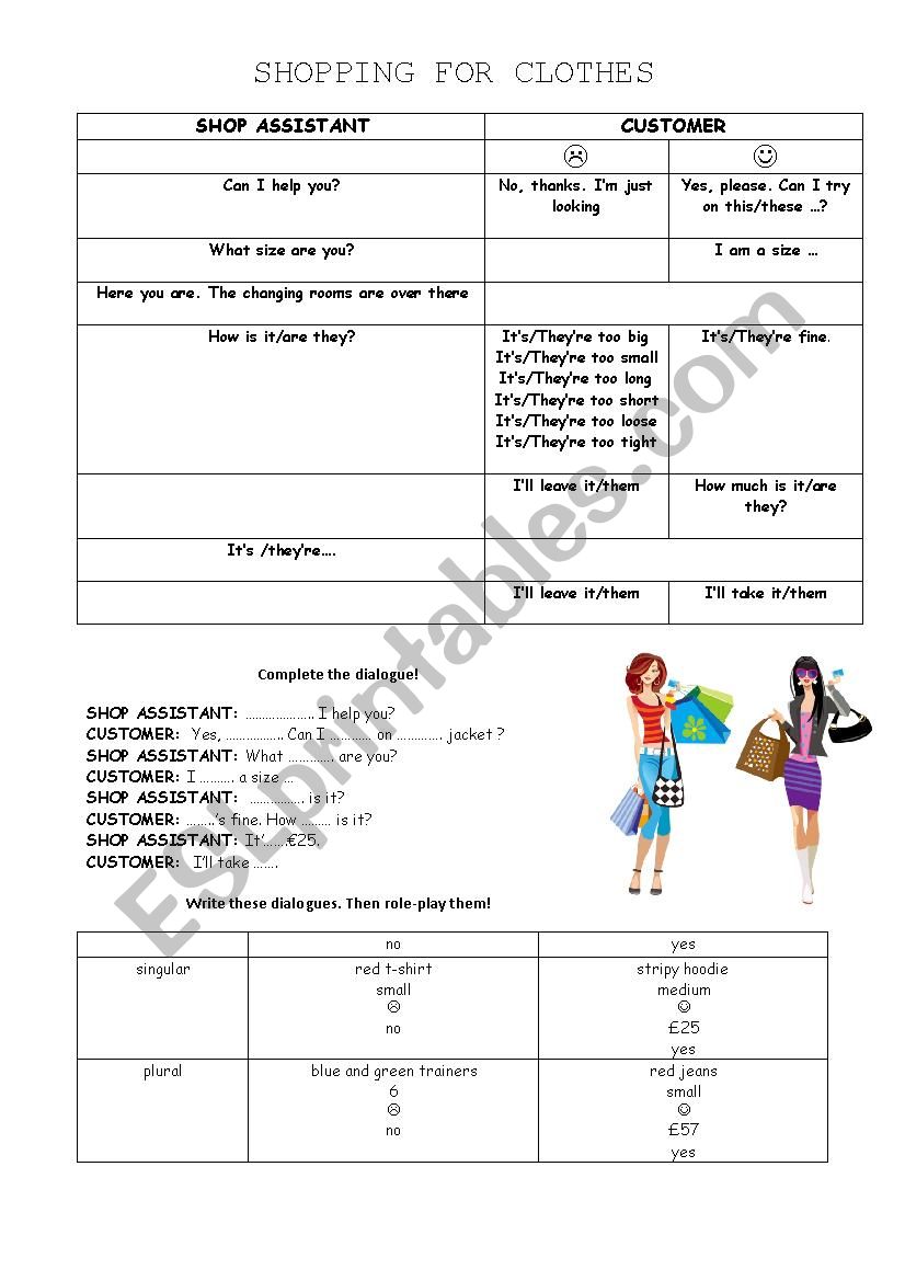 Shopping for clothes worksheet