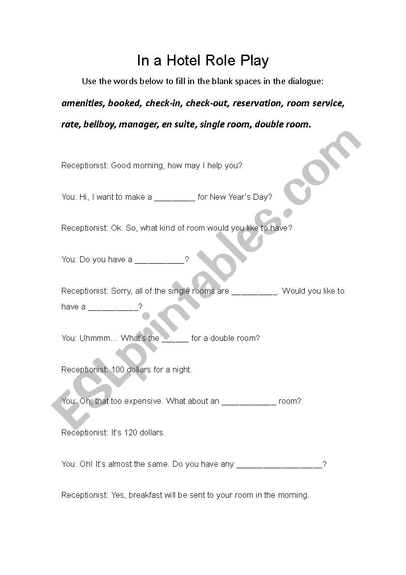 In a hotel Role play worksheet