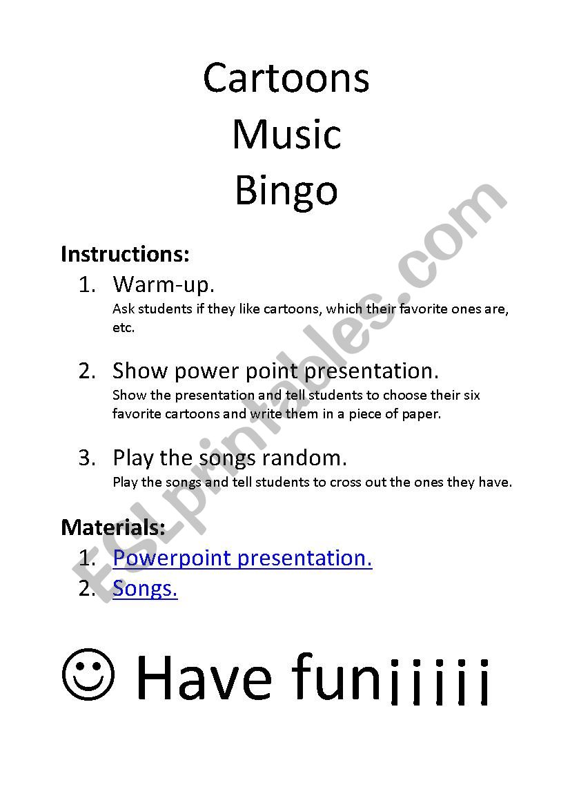 Cartoons music bingo worksheet