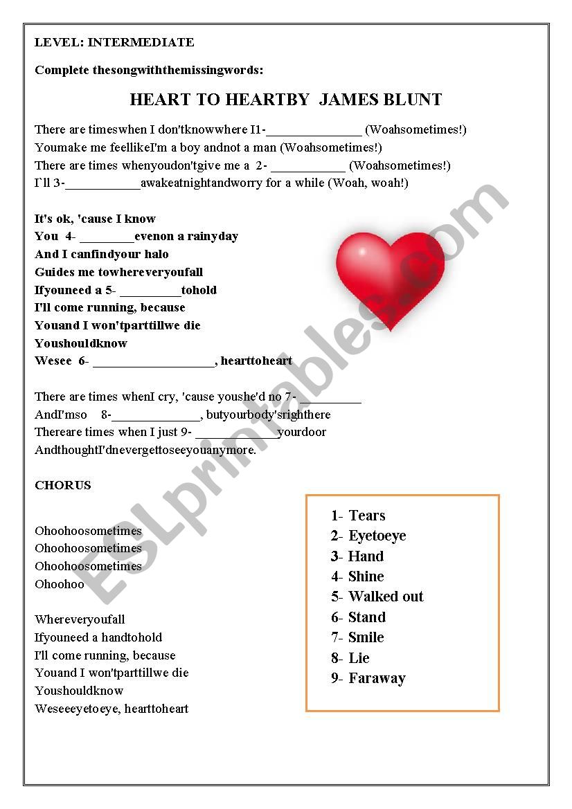 Heart by heart James Blunt worksheet