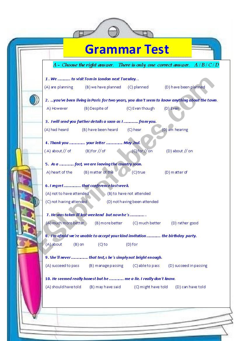 Grammar test with key worksheet