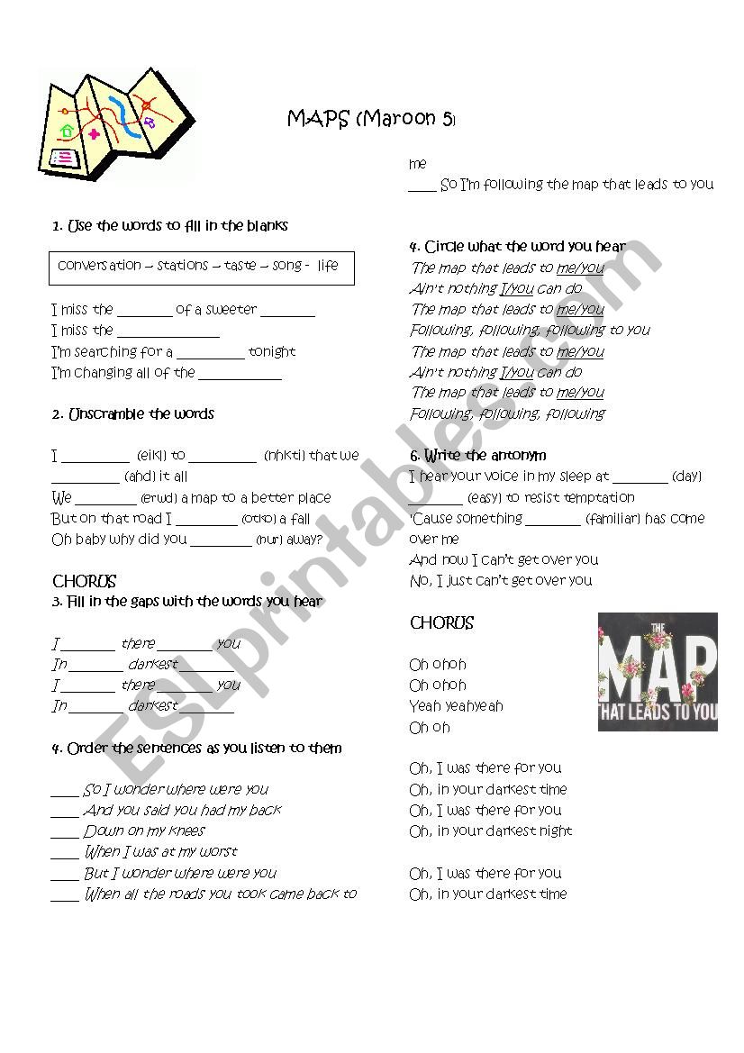 Maps by Maroon 5 worksheet