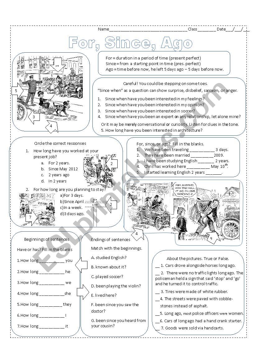 For, Since or Ago worksheet