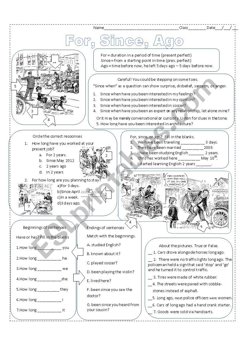 For, Since or Ago worksheet