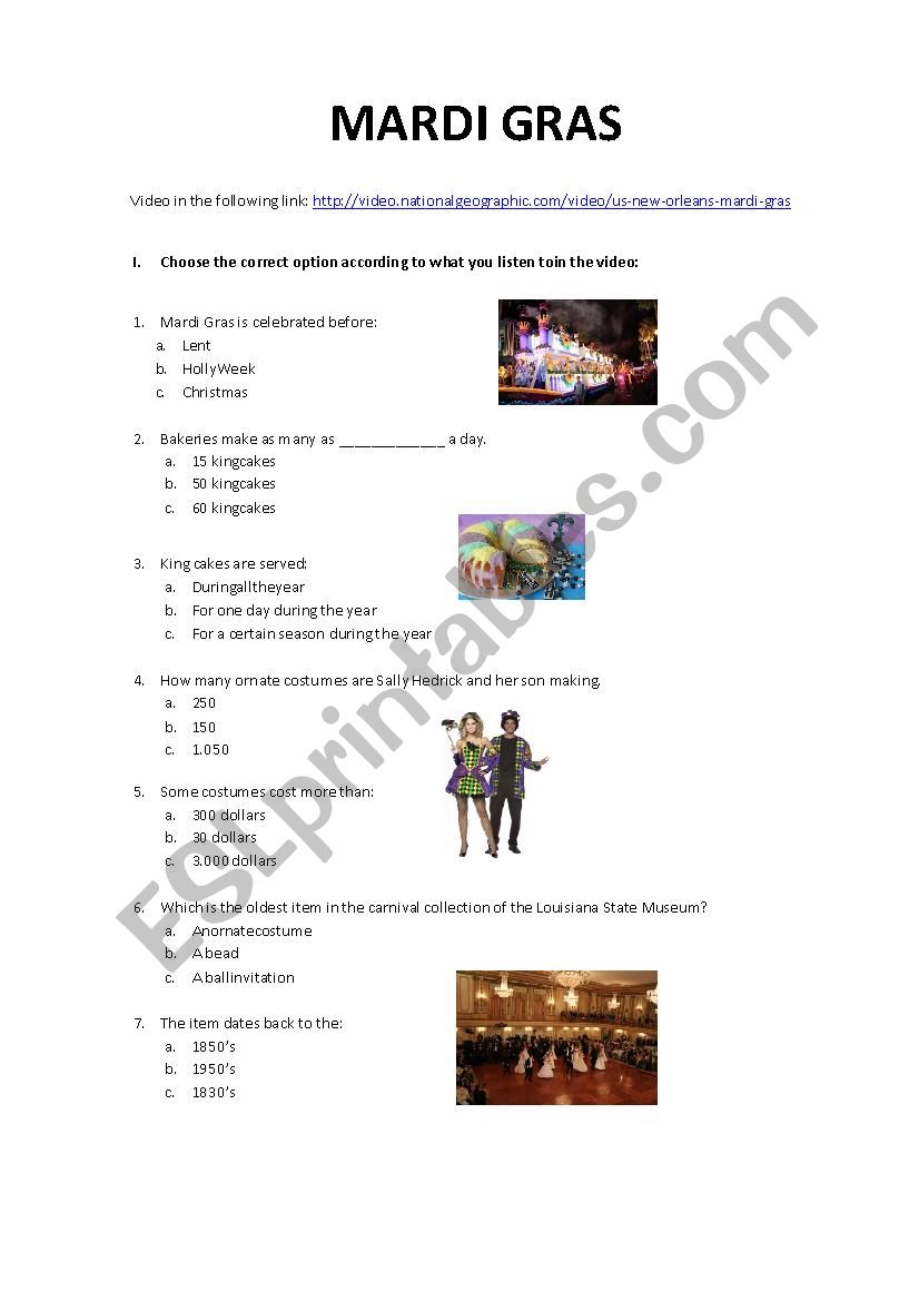 MARDI GRAS VIDEO worksheet