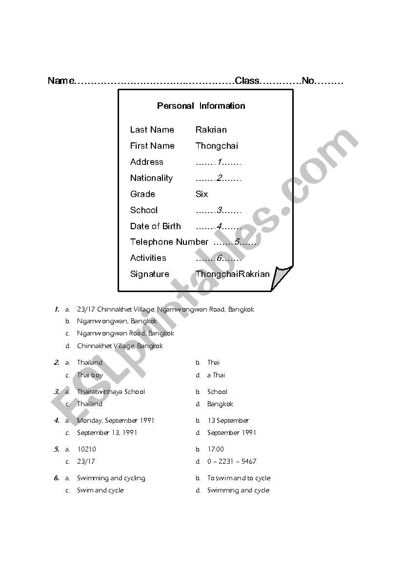 personal information worksheet