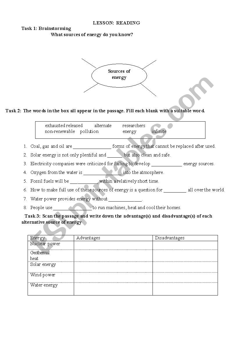 reading: energy worksheet