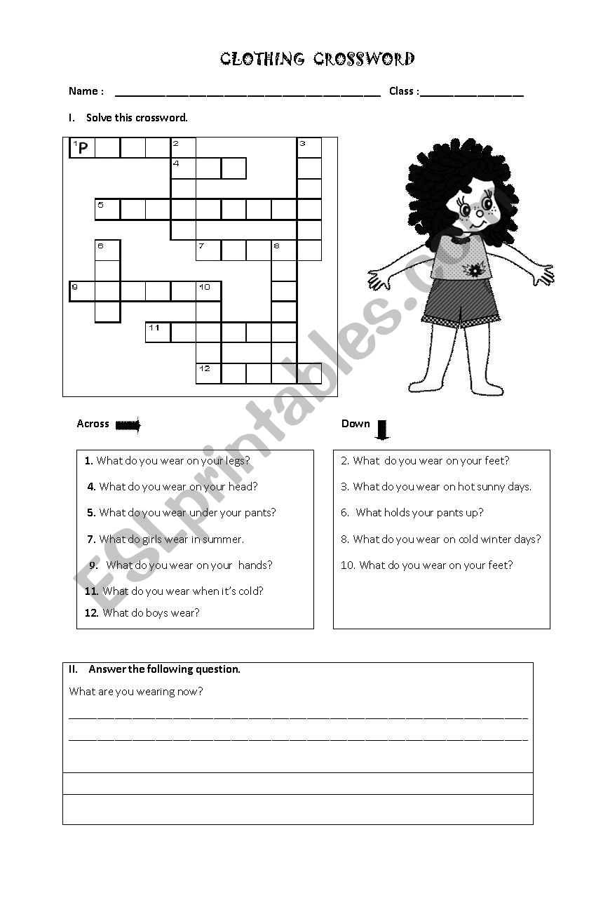 Clothing crossword worksheet