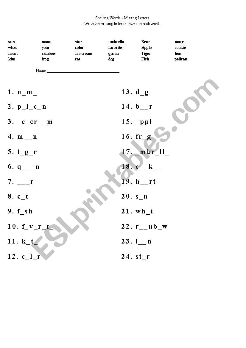 Spelling words worksheet