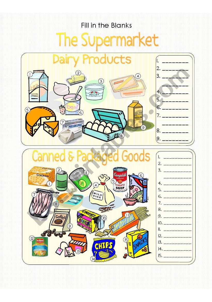 The Supermarket Pic. Dic. - Dairy Products and Canned Goods - Fill in the Blanks