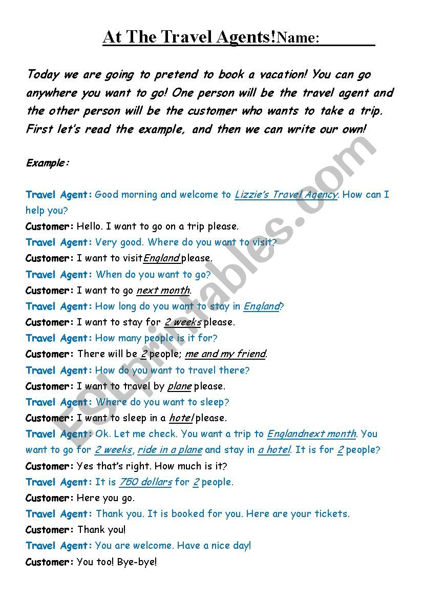 Travel Agent Role Play with example - ESL worksheet by Eeejaima