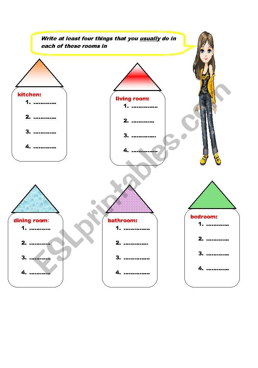 Write at least four things that you usually do in each of these rooms in 