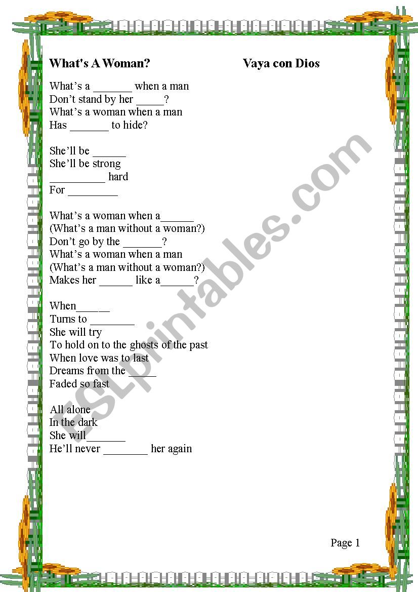 WhatÂ´s a woman    song sheet, gap fill and lesson plan