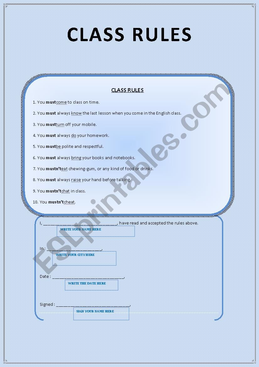 Class rules worksheet