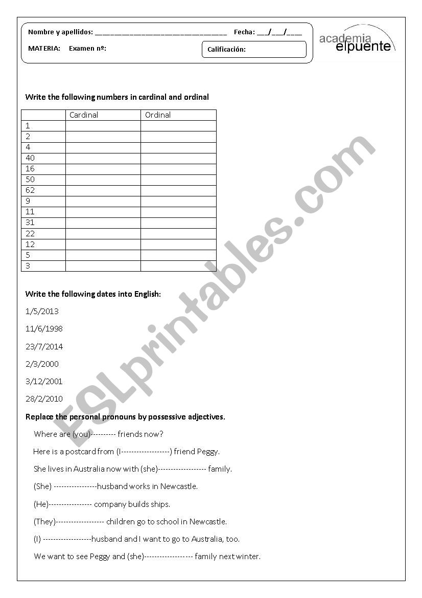 1ESO EXAM worksheet