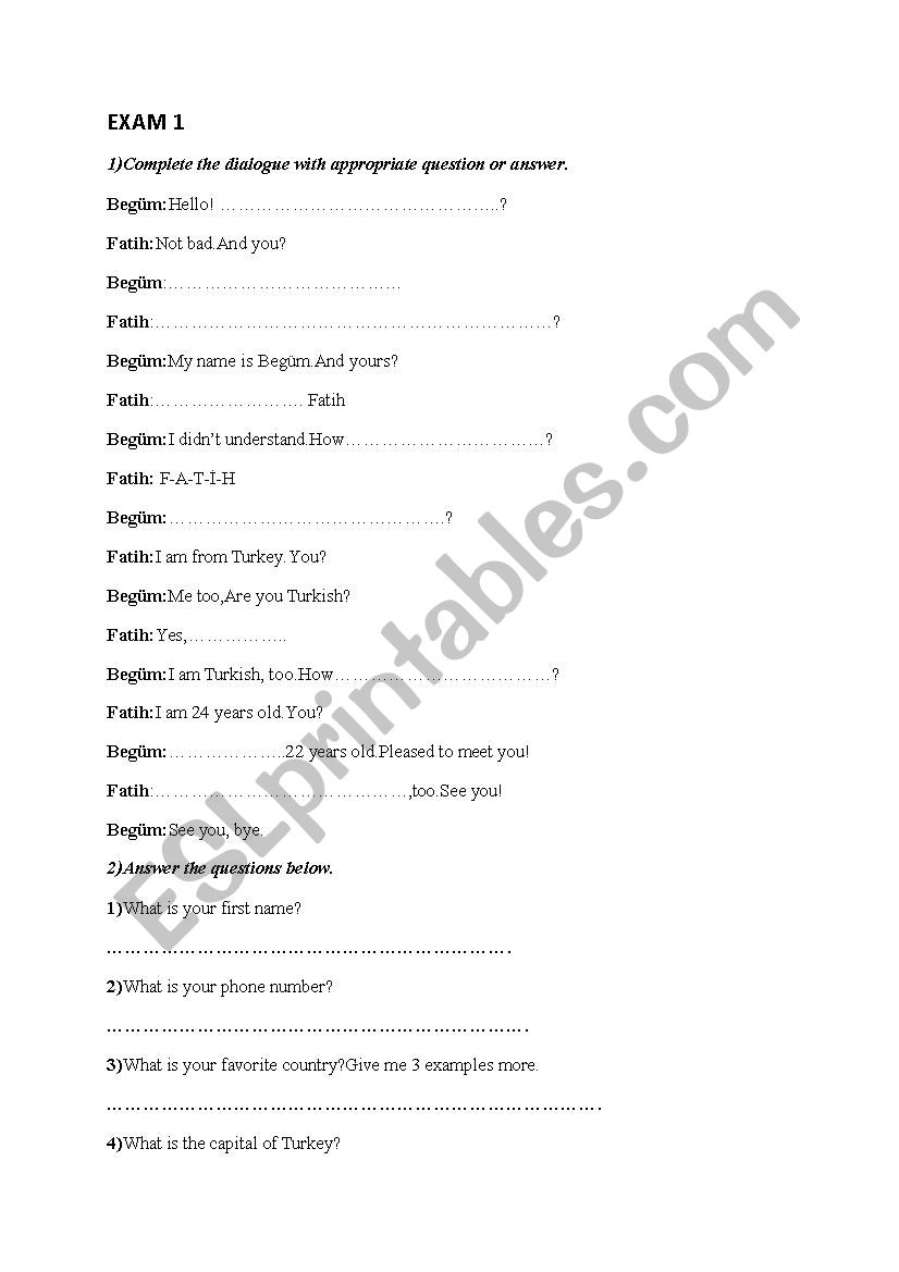 Exam worksheet