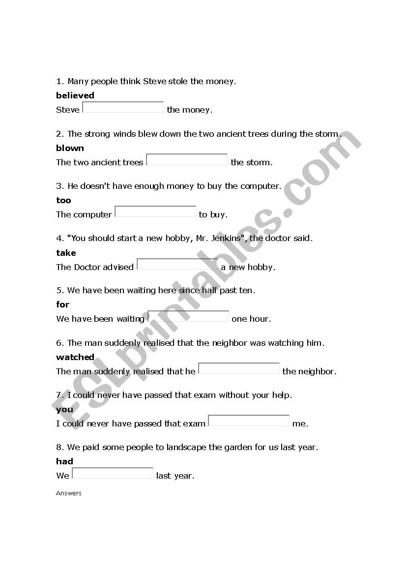 key word transformation  worksheet