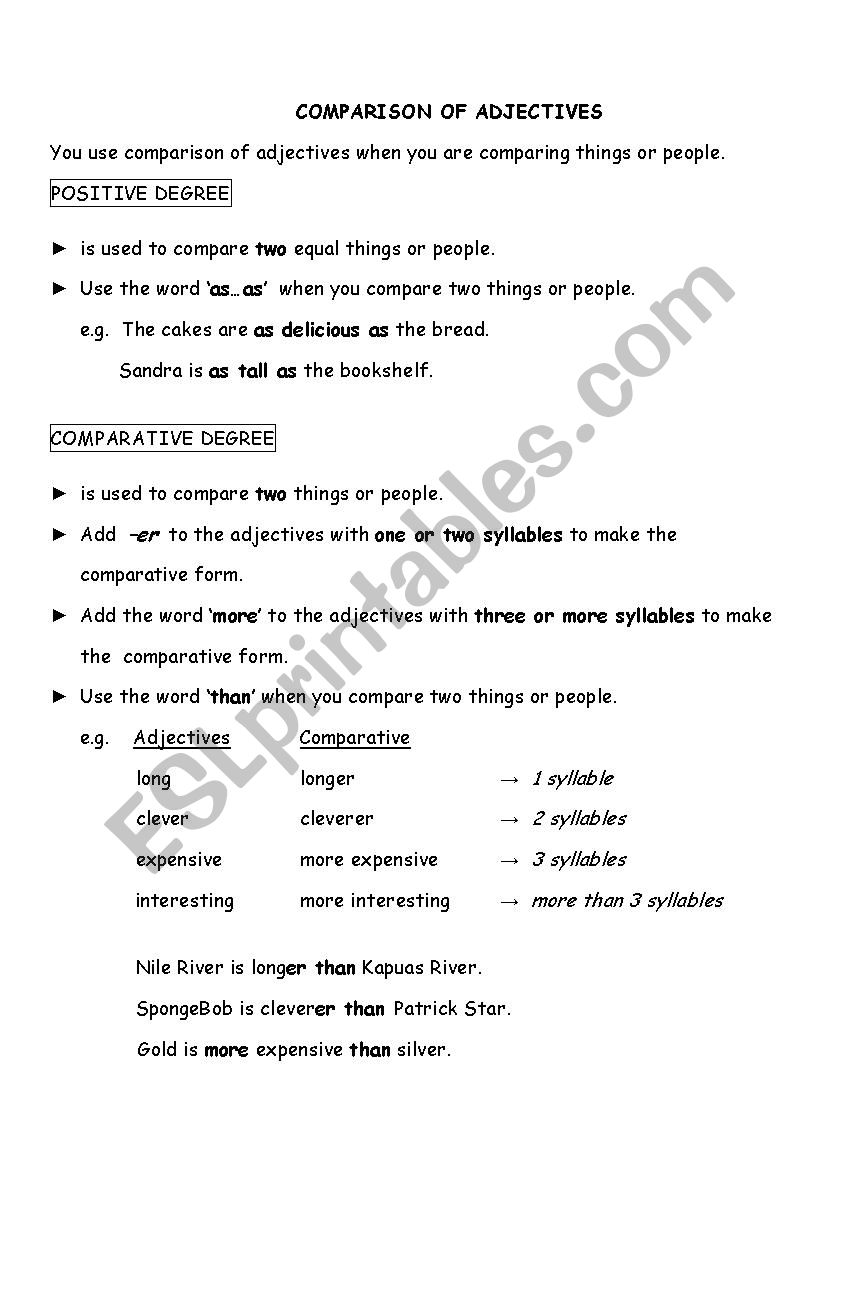 Comparison of Adjectives worksheet