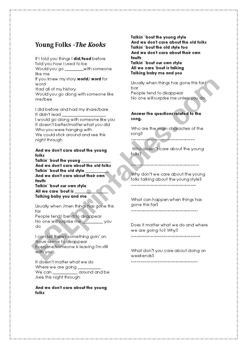 Young floks - the kooks  worksheet