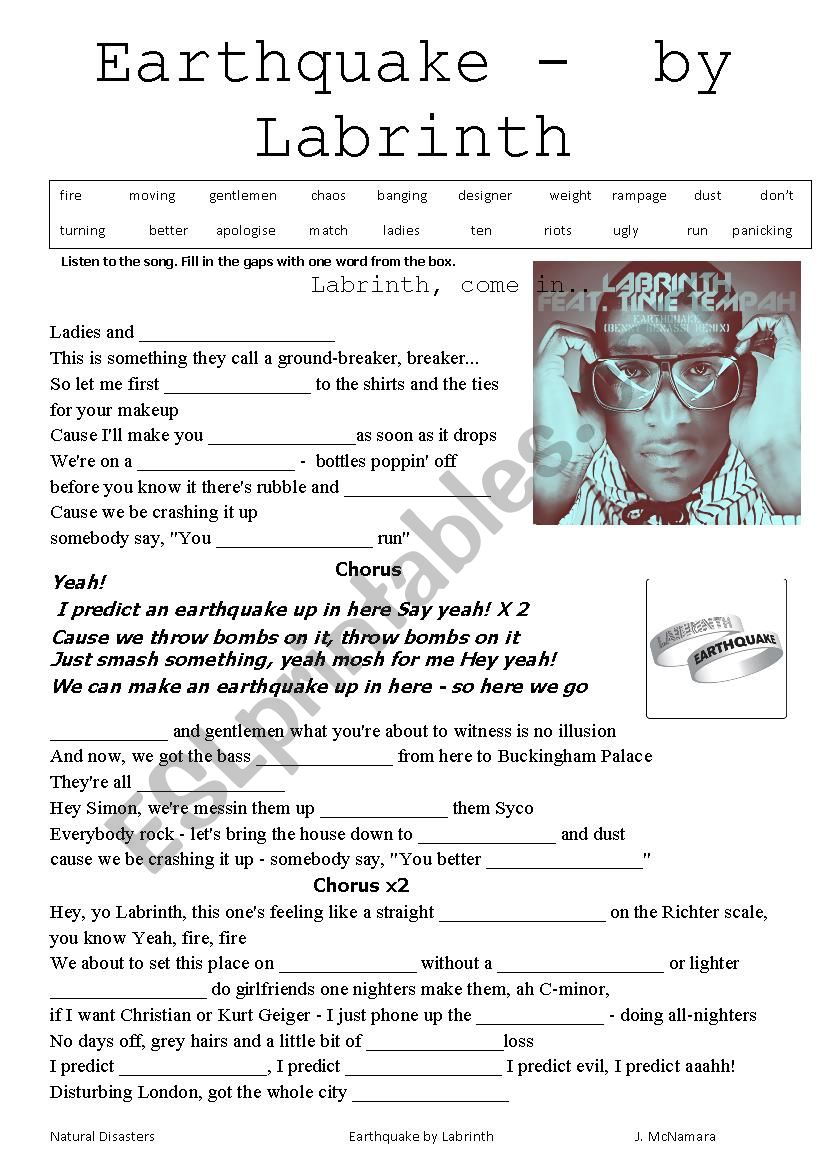 Natural Disasters Earthquake worksheet