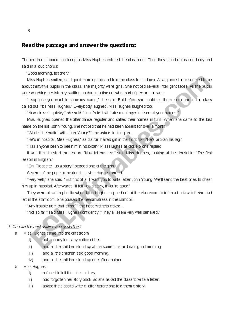 Comprehension Passage New worksheet