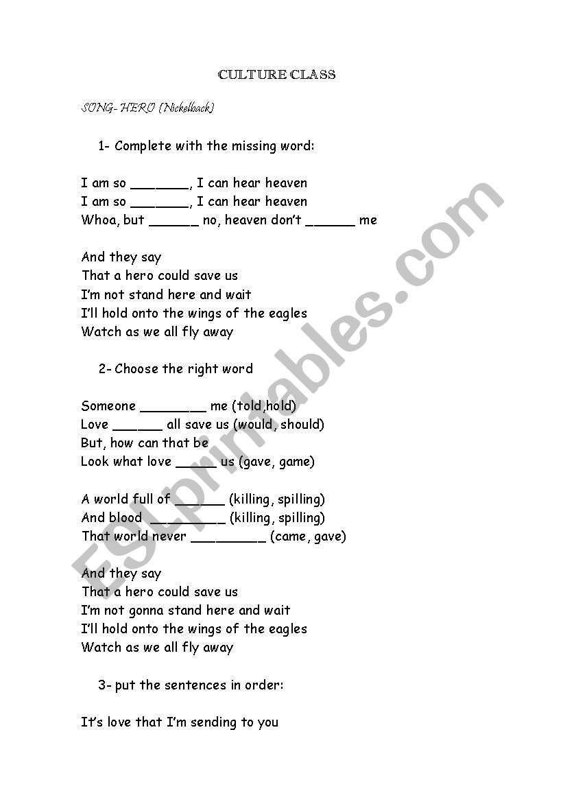 Hero - (Nickelback) worksheet