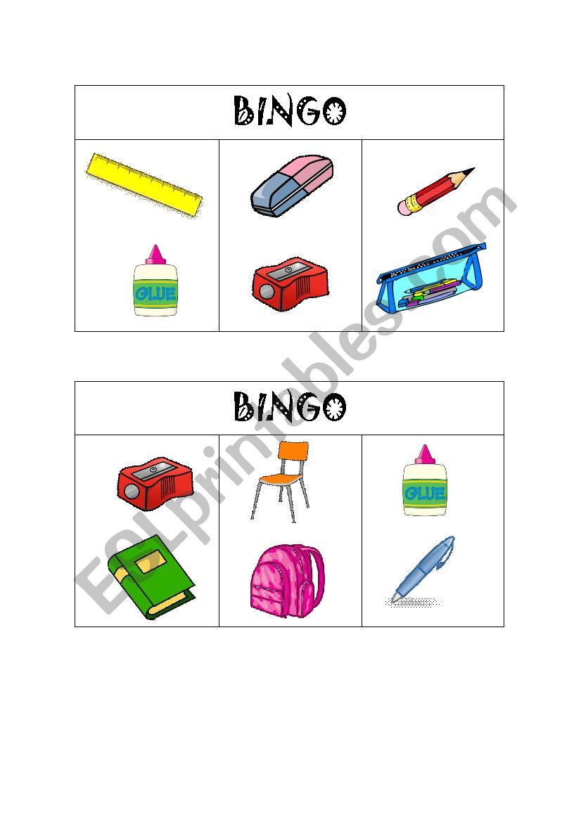 school objects bingo cards worksheet