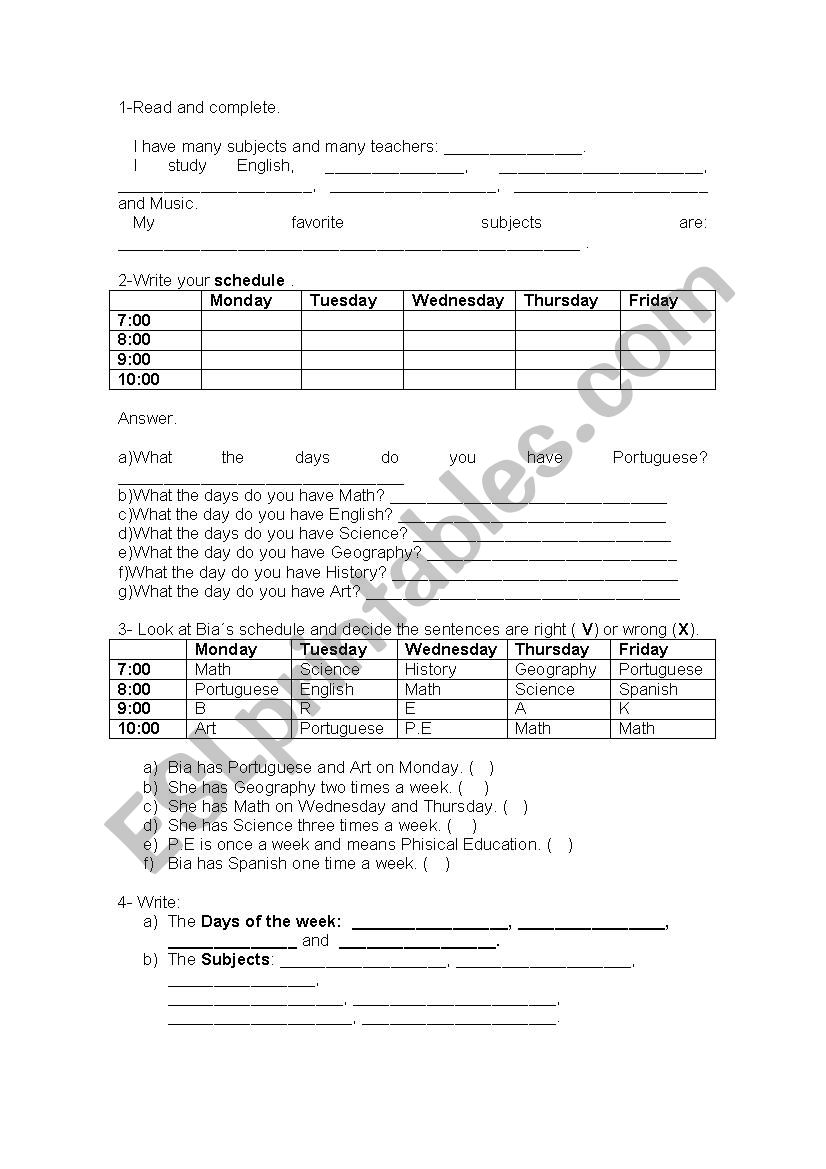 Schedule worksheet