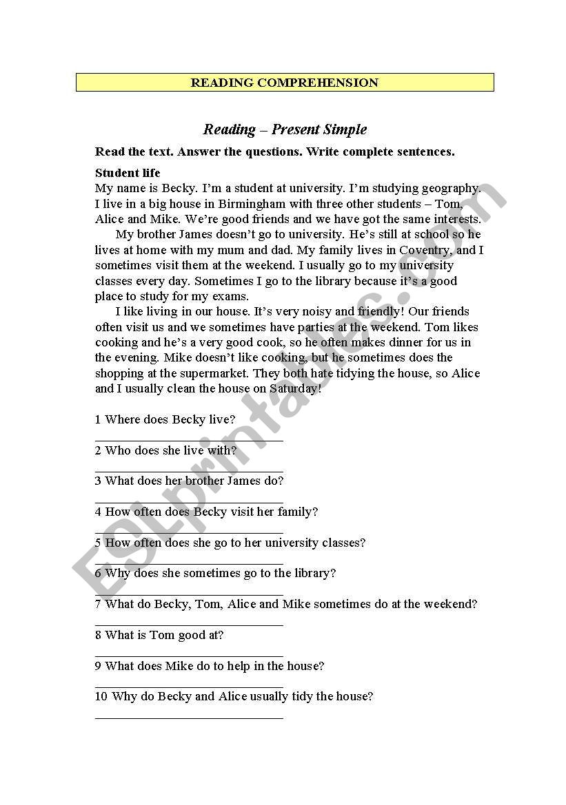 reading comprehension worksheet