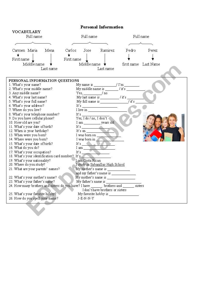 Personal information worksheet