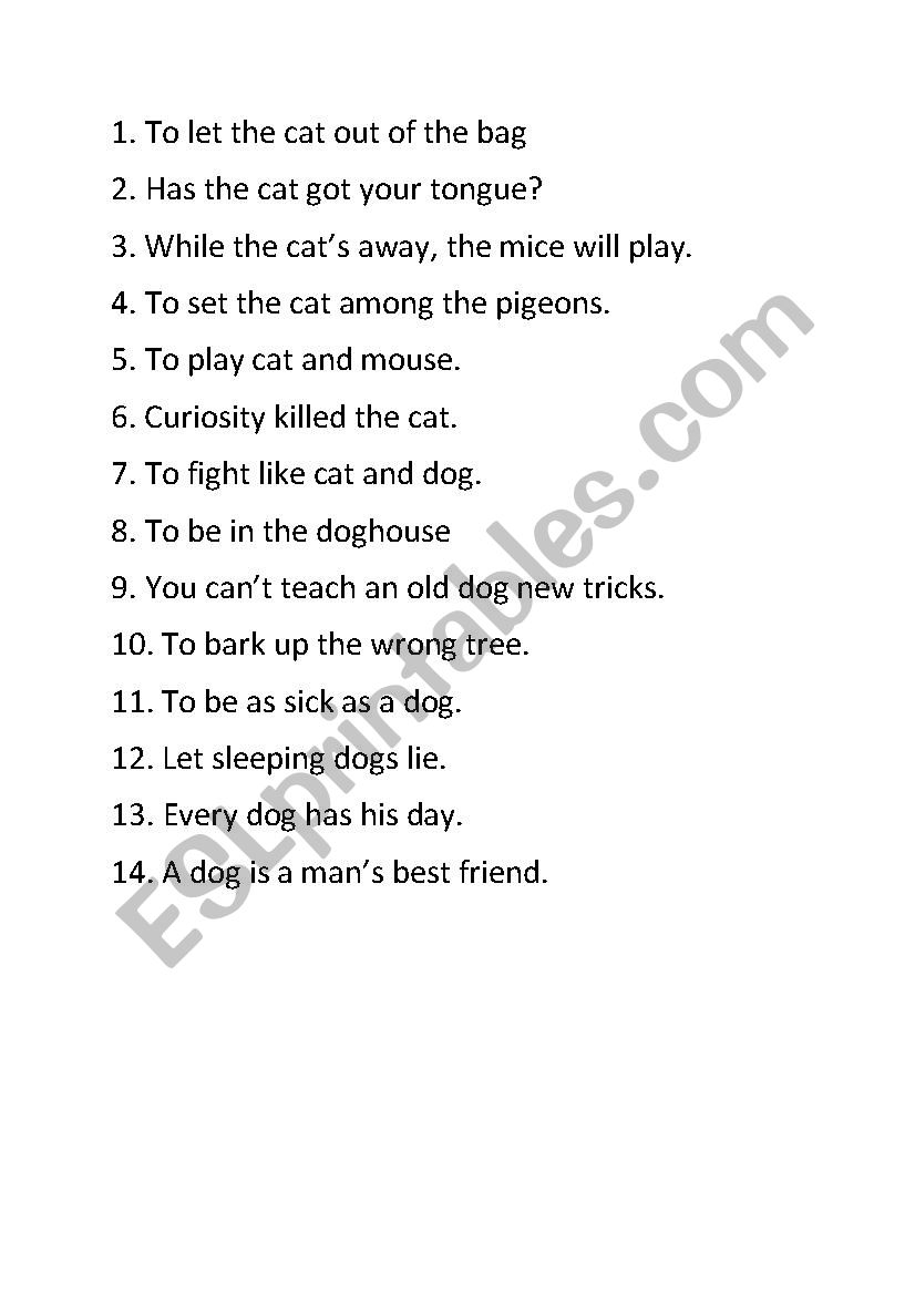 Animal idioms - dogs and cats worksheet