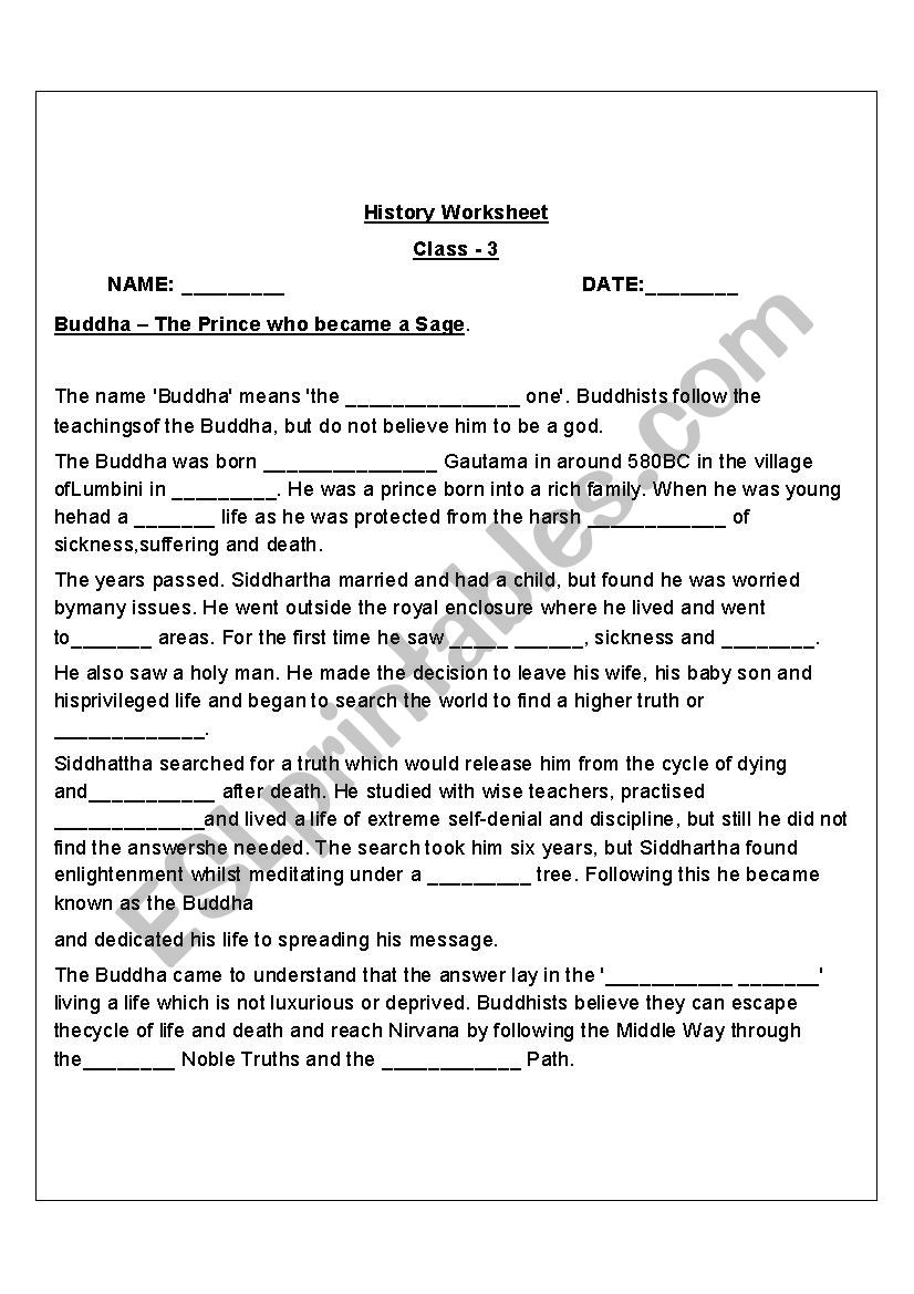 Life of Buddha worksheet