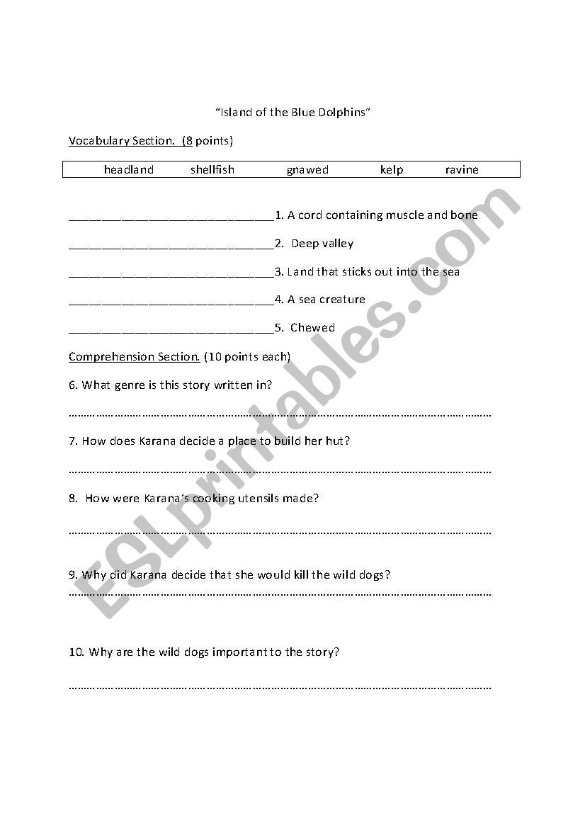 island of blue dolphin worksheet