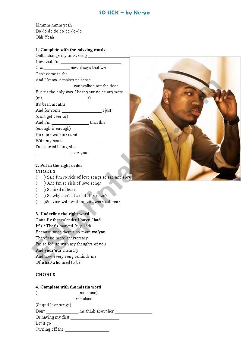 So sick - Ne-Yo with key worksheet