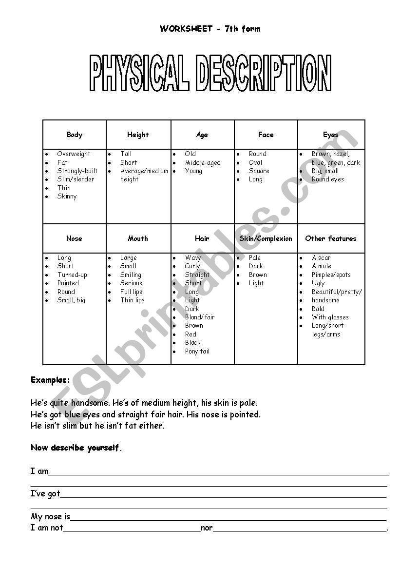 Physical Description - list of adjectives and exercise